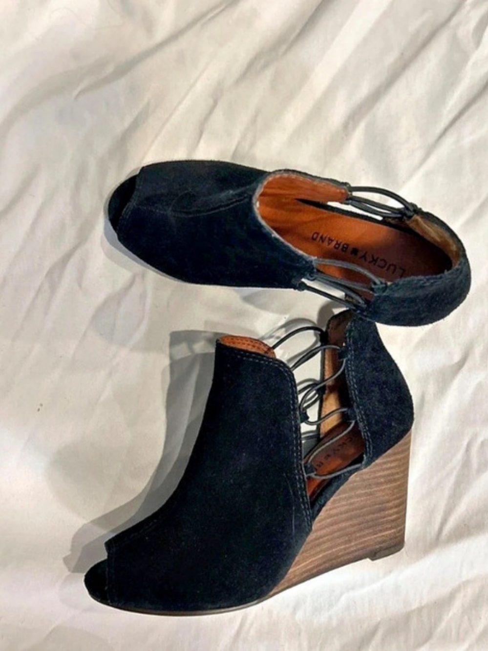 Lucky Brand Jezzah Wedge Bootie Jezzah Black Suede Peep Toe Wedge Booties